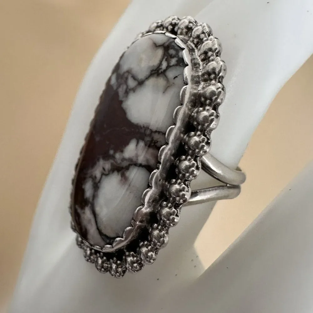 VTG Navajo James Shay Ring Wild Horse Stone Size 8.5 Sterling Silver Floral 9.9g